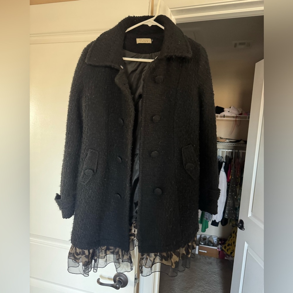 Wool-Blend Black Peacoat with Sheer Hem size L
